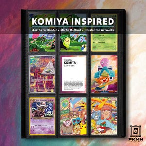 May include: A black trading card binder page containing nine slots filled with colourful illustrated cards. The top centre text reads KOMIYA INSPIRED, Aesthetic Binder, Michi Method, Illustrator Artworks. A central card provides biographical text about Tomokazu Komiya.