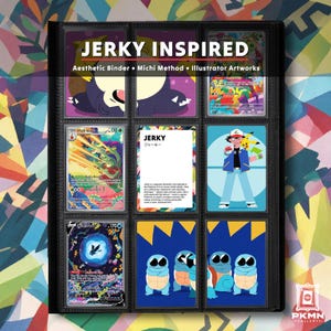 Peut inclure: Un classeur noir pour cartes à collectionner avec neuf pochettes remplies de cartes illustrées. L'en-tête indique JERKY INSPIRED, Aesthetic Binder, Michi Method, Illustrator Artworks. Les cartes présentent des personnages colorés et du texte.