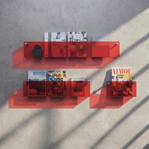 Op de afbeelding: Twee horizontale rode acryl wandplanken die boven elkaar zijn gemonteerd. De bovenste plank bevat drie boeken en een kleine potplant. De onderste plank bevat drie boeken en een tijdschrift met de titel AIMOE en de tekst SHNEE SKNE.
