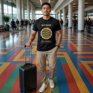 May include: A black short-sleeved t-shirt featuring the gold text INGENIERO and STILL BUILDING. The graphic includes a gold gear shape containing a multi-colored horizontal striped pattern. The shirt is paired with beige trousers and white sneakers.