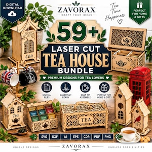May include: A digital download bundle of laser-cut wooden tea house and storage box designs. The collection includes various structures like a pagoda-style tea house, a red telephone booth, and boxes with intricate patterns, all labelled with the text ZAVORAX.