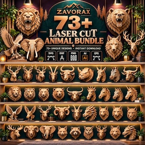 Könnte beinhalten: Eine digitale Anzeige mit dem Text ZAVORAX 73+ LASER CUT ANIMAL BUNDLE und Symbolen für SVG, DXF, PNG, AI und EPS-Formate. Darunter stehen Regale mit zahlreichen hölzernen Tierkopf-Wandmontagen, darunter Löwen, Bären, Wölfe und Hirsche.