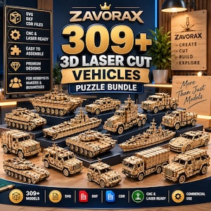 Puede incluir: Una pantalla digital que presenta una colección de más de 309 rompecabezas de vehículos cortados con láser en 3D. La imagen muestra varios modelos de vehículos de madera, incluidos tanques, camiones y barcos. El texto incluye ZAVORAX 309+ 3D LASER CUT.