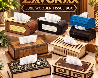 Puede incluir: Una colección de cajas para pañuelos ZAVORAX LUXE WOODEN TISSUE BOX con diversos diseños, incluyendo acabados en marrón, negro y azul con patrones cortados a láser, detalles dorados y motivos geométricos, cada una con un pañuelo blanco.