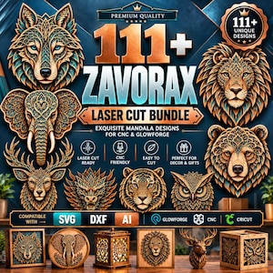 以下が含まれることがあります： 111+ Zavoraxレーザーカットバンドルのデジタルグラフィック。オオカミ、ライオン、ゾウ、シカ、トラ、クマ、フクロウなどの複雑な動物マンダラデザインが特徴です。テキストには111+ Zavorax laser cut bundle、SVG、DXF、AI、Glowforgeが含まれています。