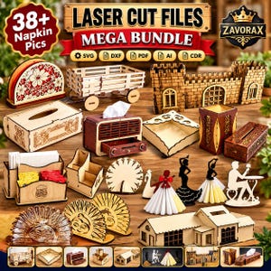 Puede incluir: Una colección de artículos de madera cortados con láser que incluye servilleteros, cajas de pañuelos, un carro en miniatura, un castillo y figuras decorativas. La imagen contiene el texto 38+ Napkin Pics, LASER CUT FILES MEGA BUNDLE y ZAVORAX.