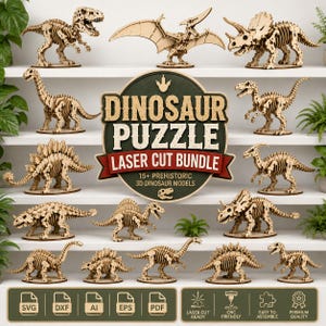 May include: A collection of light-coloured wooden 3D dinosaur puzzles displayed on shelves. The central emblem features the text DINOSAUR PUZZLE LASER CUT BUNDLE 15+ PREHISTORIC 3D DINOSAUR MODELS. The bottom panel displays icons for SVG, DXF, AI, EPS, and PDF.