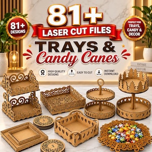 Puede incluir: Una colección de archivos de corte láser para bandejas y bastones de caramelo. La imagen muestra el texto 81+ LASER CUT FILES, TRAYS & Candy Canes, e incluye varios soportes de niveles, bandejas cuadradas con corazones y posavasos.