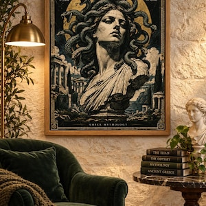 May include: A framed rectangular wall art print featuring a central illustration of Medusa with snakes for hair. The text reads MEDUSA, BEAUTY BECAME A CURSE, A GAZE TURNS TO STONE, and GREEK MYTHOLOGY. The artwork depicts a stone bust against a golden sun.