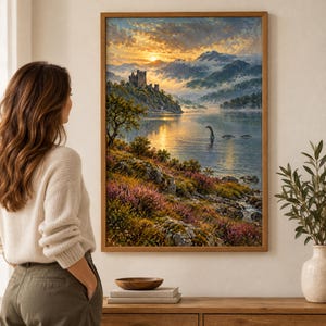 Peut inclure: Un tableau paysager encadré représentant un coucher de soleil sur un lac avec un château sur une falaise et une créature au long cou dans l'eau. Le premier plan montre un terrain rocheux avec de la bruyère violette et du feuillage vert.