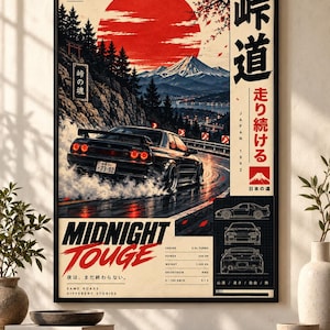 May include: A framed poster featuring a black sports car drifting on a mountain road at night. The artwork includes a large red sun, Mount Fuji, cherry blossoms, and Japanese text. Technical specifications and line drawings of the car are displayed.