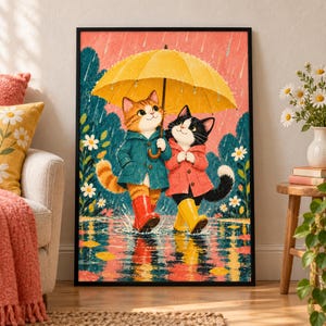 Two Kittens Wall Art, Cats Sharing a Yellow Umbrella in Rain, Whimsical, Colorful Friendship Decor, Cat Lover Gift, Framed or Unframed Print