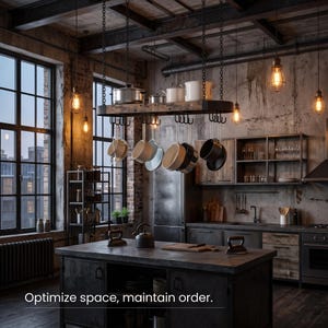 May include: A hanging kitchen pot rack made of dark wood and metal chains, suspended above a kitchen island. The rack holds various metal pots and pans, with the text "Optimize space, maintain order." visible at the bottom of the image.