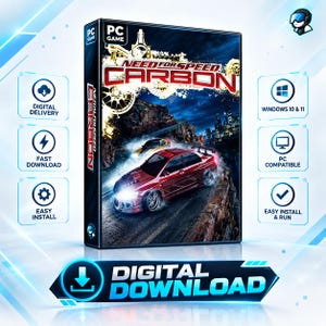 Puede incluir: Una caja de juego para PC de Need for Speed Carbon con un coche deportivo rojo en una carretera sinuosa. La portada muestra el título del juego y gráficos automovilísticos. Los iconos indican entrega digital, compatibilidad con Windows 10 y 11, y funciones de instalación sencilla.