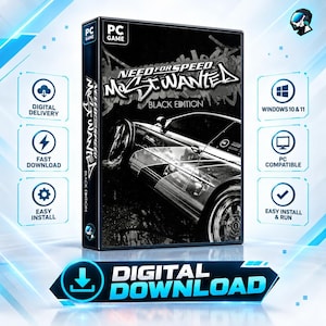 Puede incluir: Una caja de juego para PC de Need for Speed Most Wanted Black Edition con un gráfico de un coche deportivo en blanco y negro. La portada muestra el título del juego en texto blanco estilizado. La caja está rodeada de iconos de descarga digital.