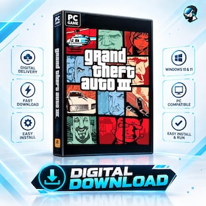 Puede incluir: Una caja de juego para PC negra de Grand Theft Auto III con una portada gráfica de varios paneles que muestra personajes, un helicóptero y un coche. La caja incluye etiquetas de texto para descarga digital, instalación fácil y compatibilidad con Windows 10 y 11.