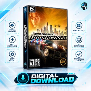 Può includere: Una custodia per gioco PC Need for Speed Undercover con un'auto sportiva nera, uno skyline cittadino e un volto. La copertina include il logo EA, una classificazione Teen ESRB e testo che indica la consegna digitale e la compatibilità Windows 10 e 11.