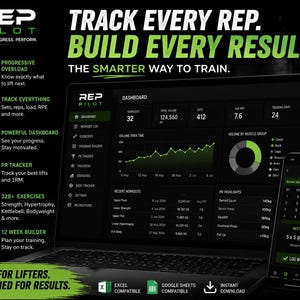Op de afbeelding: Een laptop en smartphone tonen het dashboard van de Rep Pilot fitness tracking software. Het scherm toont trainingslogboeken, volumegrafieken en trainingsgegevens met de tekst TRACK EVERY REP. BUILD EVERY RESULT. THE SMARTER WAY TO TRAIN.