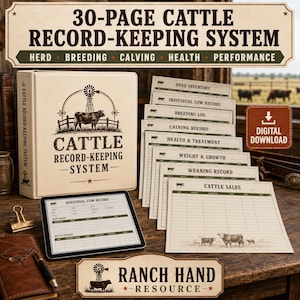 May include: A 30-page cattle record-keeping system featuring a binder, printed forms, and a tablet display. The set includes sections for herd, breeding, calving, health, and performance tracking. A digital download icon is visible on the right side.