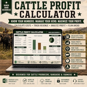 Pode incluir: Um computador portátil exibe uma planilha Cattle Profit Calculator com tabelas de dados, um gráfico de barras e um gráfico de pizza. A tela mostra seções para visão geral do rebanho, resumo de receita, resumo de custos e métricas de gestão.