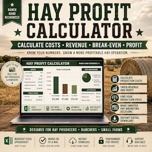 May include: A digital Hay Profit Calculator displayed on a laptop screen, featuring data tables, bar charts, and pie charts for cost and revenue analysis. The interface includes text labels for inputs, yield, sales, and key metrics for hay production.
