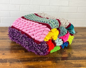 Funky Vintage Colorful Afghan Homemade Throw in Many Colors Blanket Crochet End of the Bed Bedding Blanket Kitsch Decor Tummy Time Mat