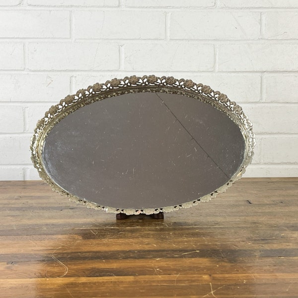 13x9" Vintage Oval Mirrored Vanity Tray Ornate Silver Metal Oval Dresser Table Tray Perfume Tray Makeup Tray Raised Lace Edge Filigree