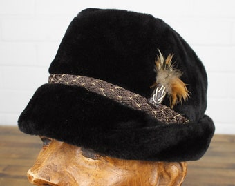 Vintage Tyrolean Hat 1950s LaSalle Black Fur Felt with Gold Satin Lining