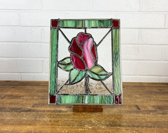 Vintage Handmade Rose Stained Glass Floral Green Pink for Wall Decor To Hang in Window