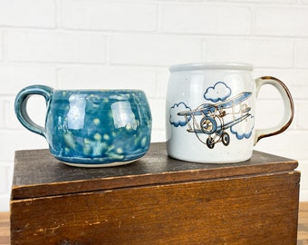 Set of 2 Vintage Coffee Mugs Coffee Shop Mugs Restaurantware Coffee Cup Set Blue Airplane Hot Air Balloon Mugs