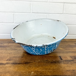 Vintage White and Blue Enamel Bowl Authentic Chipped Enamelware Decorative Display Bowl Farmhouse Decorative Object