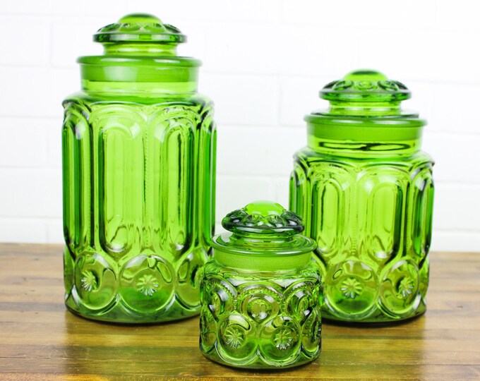 3 Piece Vintage Green Glass Canister Set With Atterbury Scroll Design