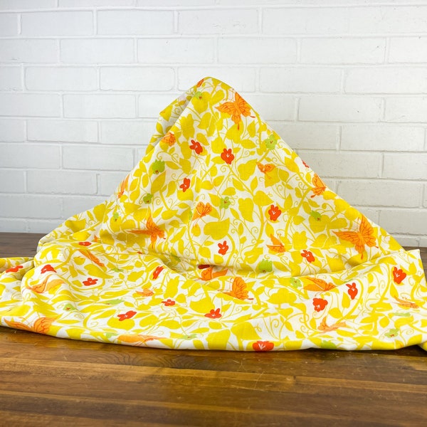 94x82" Vintage Butterfly and Floral Bed Sheet in Yellow and Orange Red Retro Blanket Boho Decor Bedding Sheet Yellow Home Decor