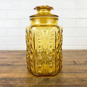 9&quot; Vintage Amber Glass Jar with Lid Brown Glass Shelf Decor Amber Brown Kitchen Decor Clear Glass Canister