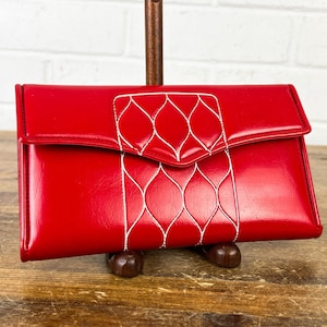 Cartera de vinilo rojo vintage para chequera, funda para chequera para mujer, billetera ancha con bolsillo, accesorios de ropa rojos retro.