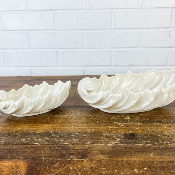 Vintage Set of 2 Lenox Acanthus Leaf Shell Bowls, Ivory Cream Color Porcelain, Console Serving Table Decor