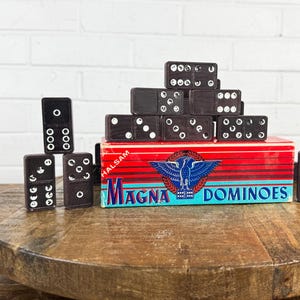 Vintage Halsam Magna Dominoes Set No. 225 – 28 Dominoes with Embossed Eagle Backs in Original Box – Made in USA