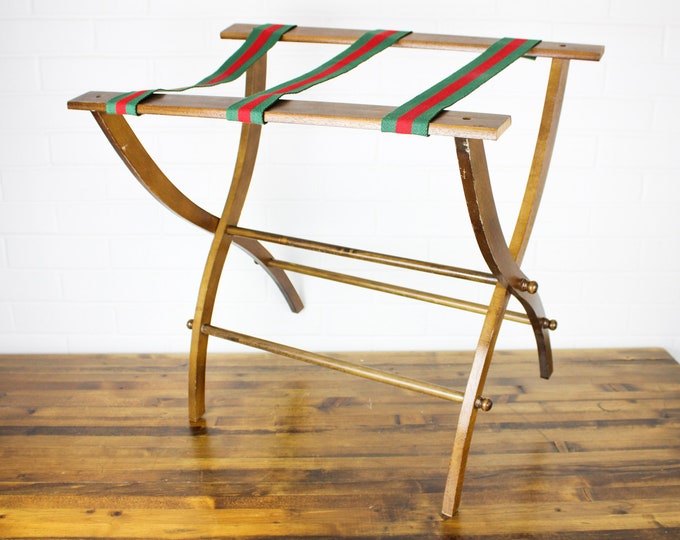 Vintage Wooden Luggage Rack Folding Luggage Stand With Red Green Straps