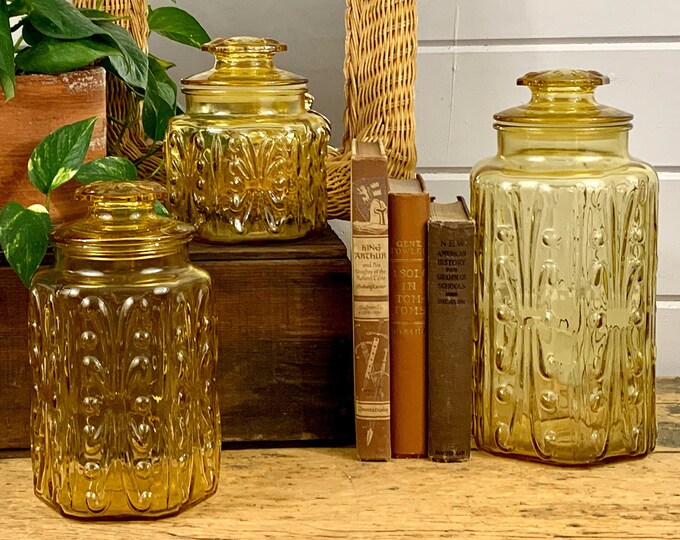 3 Piece Vintage Amber Glass Canister Set With Atterbury Scroll Etsy