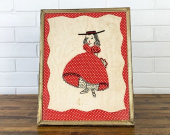 Little Girl Framed Quilt Square Authentic Vintage Valentine's Decor Kitsch Wall Art