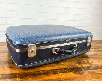 Vintage Blue American Tourister Hard Sided Denim Suitcase Luggage Blue with Silver Accents