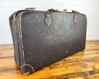 Distressed Vintage Brown Leather Suitcase Antique Leather Luggage to Display Stamped Genuine Leather Case Old Suitcase Prop