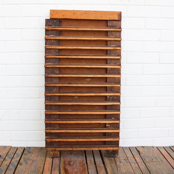 Vintage Wooden Interior Side of Printers Tray Cabinet with 14 Rows 33 by 17 Trinket Holder Portion of Letterpress