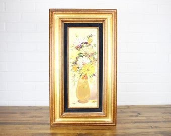 Original Floral Painting in Vintage Gold Frame Authentic Yellow Flower Wall Decor