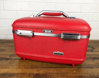 Red Train Case Authentic Vintage Small Suitcase Carry On Makeup Case