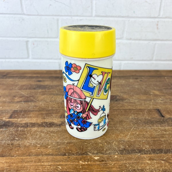 1972 Vintage Peace Love Aladdin Thermo Bottle And Lid Old Thermos with Hippie Stuff On It 1970s Decor