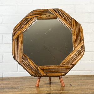 16&quot; Vintage Walnut Wood Hanging Wall Mirror Shaped Like Octagon Wooden Wall Mirror