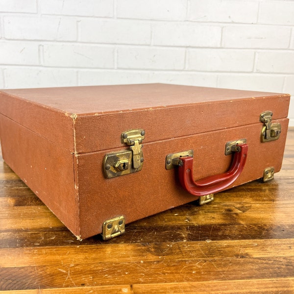 Vintage Brown Box with Hinged Lid and Handle Square Rectangle Briefcase Style Wooden Box with Latches Old Charles Beseler Art Box