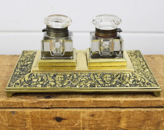 Brass Inkwell With 2 Glass Inserts As-is Authentic Vintage Ink Pot ...