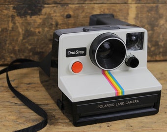 Polaroid One Step Instant Land Camera with Rainbow Stripe, White and Black, Strap, Uses SX-70 Film, Retro Camera, Vintage Polaroid, Stripe